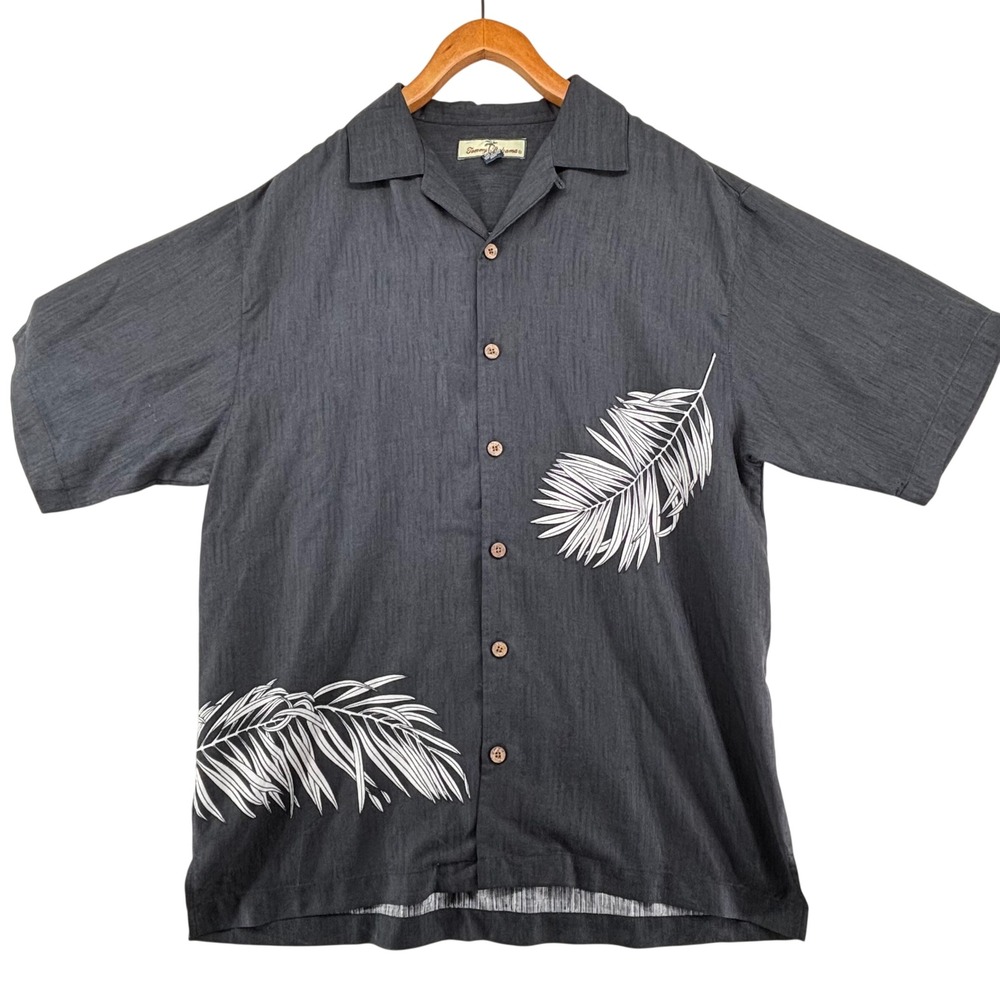 Tommy Bahama Mens Small‎ Silk Button Up Shirt Black Palm Frond Tropical Camp S